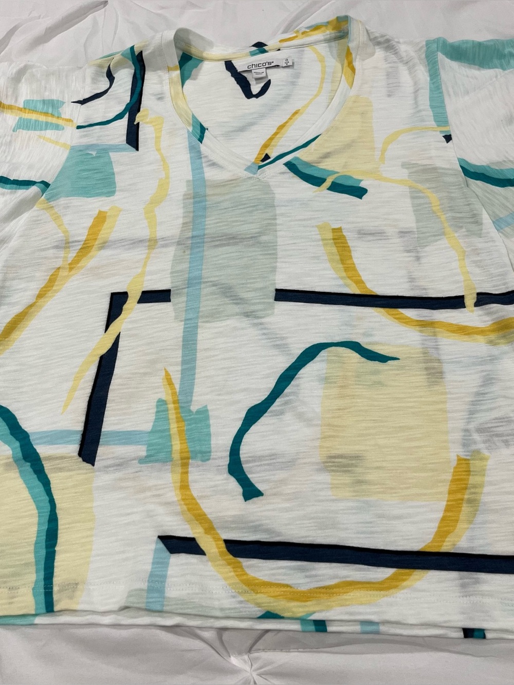 Chico's White V-Neck Top with Teal, Navy & Yellow Brushstroke Print